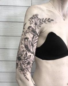 Nature Tattoo Sleeve Women, Upper Arm Tattoo, Unique Half Sleeve Tattoos, Bird Tattoos For Women, Rose Tattoo On Arm, Tattoos Beautiful, Tattoos Rose, Nature Tattoo Sleeve, Girl Back Tattoos