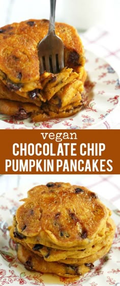 chocolate chip pumpkin pancakes are stacked on top of each other with a fork in the middle