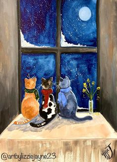 two cats sitting on a window sill looking out at the stars