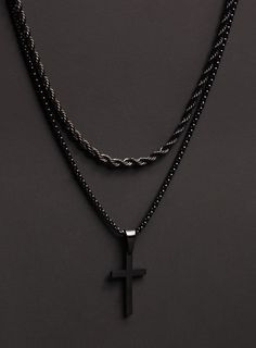 Necklace set for men - Stainless steel black rope chain AND black cross - Buy 2 and save, gifts for men, father, husband, son. Black jewelry. By popular demand we now offer the two most sold items that customers buy together and at a discount ($10 off buying them together). This set includes: -Black Cross pendant on Round Box Chain ($40) -Black Rope chain necklace. ($34) BUY BOTH FOR $64 ($10 savings) Material: Coated Stainless Steel Clasp: Lobster Clasp Available Lengths for the sets: Rope 18 i Black Cross Necklace As Gift, Minimalist Black Cross Jewelry, Minimalist Black Cross Pendant Necklace, Black Stainless Steel Necklace With Cross Pendant, Black Stainless Steel Cross Pendant Necklace, Minimalist Black Cross Pendant Jewelry, Black Cross Pendant Necklace Gift, Black Rope Chain Necklace For Gift, Minimalist Black Jewelry For Father's Day