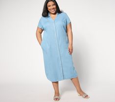 When this midi shirt dress in season-perfect chambray is your canvas, a chic, any-occasion look comes together with just a pair of sandals, a special piece of jewelry, or a high-impact accessory or two (big sunglasses, we're looking at you).  From Susan Graver. Light Wash Chambray Denim Dress Knee-length, Non-stretch Medium Wash Denim Dress, Medium Wash Non-stretch Denim Dress, Blue Chambray Button-up Denim Dress, Chiffon Shift Dress, Button-up Chambray Dress In Medium Wash, Red And White Dress, Dress For Petite Women, Vintage Floral Dress