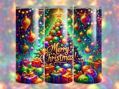 two cans with christmas decorations and presents on them, sitting in front of a multicolored background