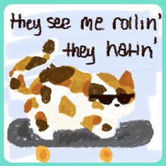 a drawing of a cat on a skateboard with the words hey see me rollin '