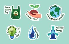 six stickers with different types of plants and water related items in the shape of recyclables