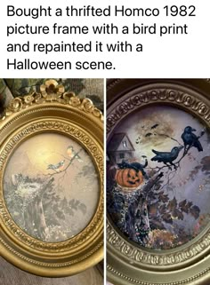 two pictures one with a bird and the other with a halloween scene in gold frame