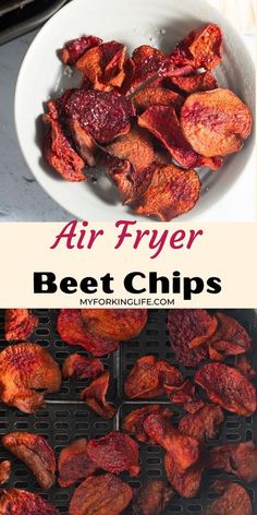 air fryer beef chips in a white bowl on top of a grill with the words air fryer beef chips above it