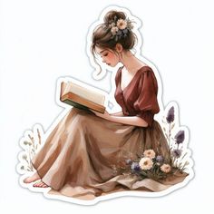 a woman sitting down reading a book with flowers in her hair and wearing a brown dress