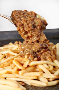 a spoon scooping some food out of a pile of fries