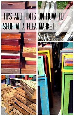 several different types of wooden crates with the words tips and hints on how to shop at a flea market