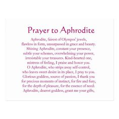 a prayer card with the words prayer to aphrodite in pink and white