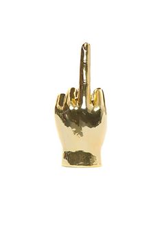 a gold colored metal object with two fingers in the shape of a rock and roll sign