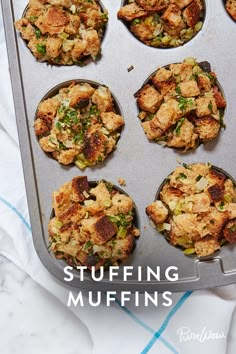 six muffins in a pan with toppings on top and one missing the middle