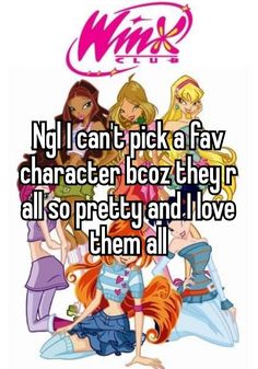 a group of girls standing next to each other in front of a sign that says, no i can't pick a fav character boz they all so pretty and love them