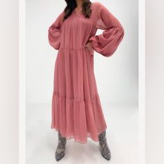 Beautiful, Flowy, Blush Pink Dress. Cami Slip Included. Never Worn, No Rips Tears Or Stains Flowy V-neck Peasant Dress, Billowy Long Sleeve Midi Dress, Billowy Long Sleeve Casual Midi Dress, Billowy V-neck Spring Dress, Billowy Smocked Midi Dress, Casual Flowy V-neck Peasant Dress, Billowy Smock Midi Dresses, Casual Billowy Maxi Dress For Fall, Spring Casual V-neck Peasant Dress