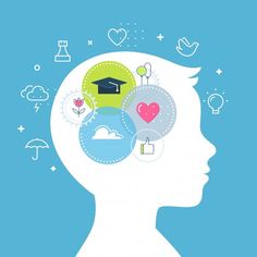 a person's head is shown with icons in the shape of a graduation cap