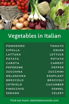 vegetables in italian are displayed on a green background with the words, vegetables in italian