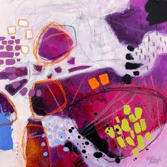 an abstract painting with purple, yellow and black colors on the bottom half of it