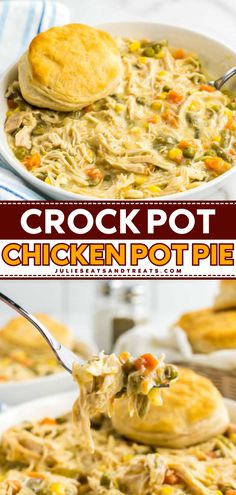 Out of easy comfort food ideas? This Crockpot Chicken Pot Pie is loaded with juicy bites of chicken, and vegetables in a creamy sauce with a biscuit on top. You have to try this simple dinner recipe! Chicken Pot Pie Recipe Crockpot, Slow Cooker Chicken Pot Pie, Chicken Potpie, Crockpot Chicken Pot Pie, Creamy Chicken Pot Pie, Homemade Chicken Pot Pie, Chicken Pot Pie Recipe, Chicken Pot Pie Soup