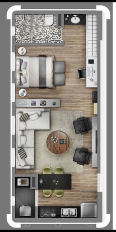 an overhead view of a living room and dining area in a small apartment with wood flooring