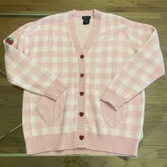 Sweet Society Hot Topic Strawberry Cardigan Sweater Size L Excellent Pre-Owned Condition - Never Worn - No Flaws Smoke Free Home Pit-Pit 24" Length 28.5" Sleeve 20.5" Sweet Long Sleeve Spring Cardigan, Sweet Long Sleeve Cardigan For Spring, Sweet Pink Cardigan For Fall, Sweet Long Sleeve Cardigan For Fall, Sweet Long Sleeve Fall Cardigan, Pink V-neck Cotton Outerwear, Plaid Cotton Cardigan For Spring, Pink Button-up Cotton Cardigan, Pink Cotton Button-up Cardigan