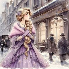 a drawing of a woman in a purple dress with long hair and braids walking down the street