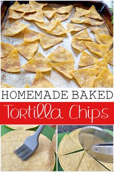 homemade baked tortilla chips on a baking sheet