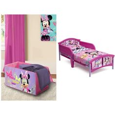 a child's bed with minnie mouse design and pink sheets on the bottom half