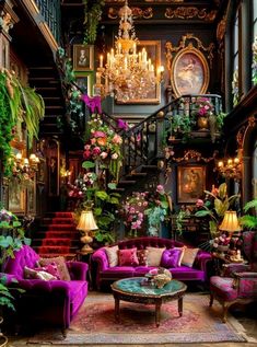 a living room filled with purple couches and lots of greenery on the walls