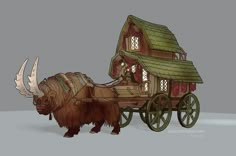 an animal pulling a wagon with a house on it's back and long horns