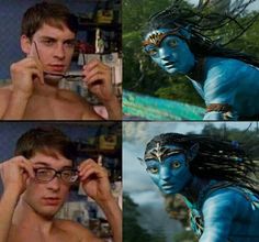 four different pictures of a young man with blue makeup and long hair, brushing his teeth