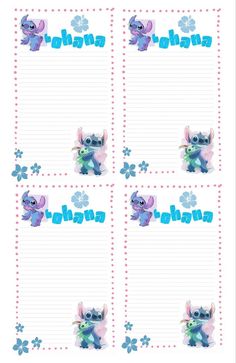 a set of four notepads with lil the stitcher characters on them and flowers