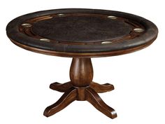 a wooden table topped with a black leather covered poker chip top and four legged legs