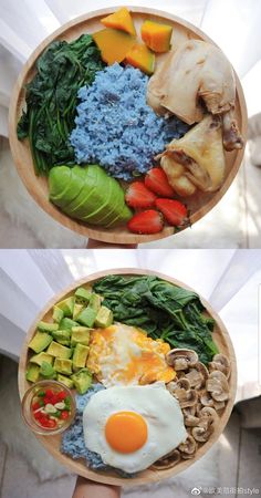 two plates filled with different types of food on top of each other and one has an egg in the middle