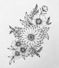 a black and white drawing of flowers