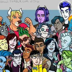 an image of many cartoon characters in different colors and sizes, including one with blue hair