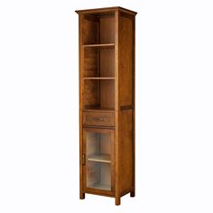 a tall wooden cabinet with glass doors on the front and bottom shelves in light brown