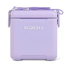 the igloo lunch box in lavender is shown with an insulated handle and strap