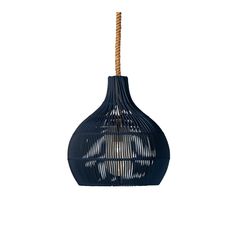 a dark blue hanging light with a rope attached to the top and bottom of it