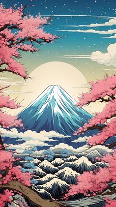 a painting of a mountain with pink trees