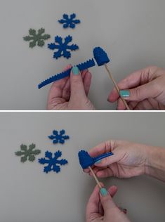 two pictures of snowflakes being made with toothpicks