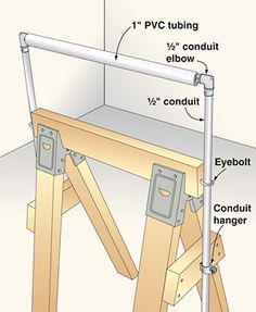 a wooden workbench with parts labeled