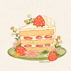 a piece of cake on a plate with strawberries and daisies around the edge