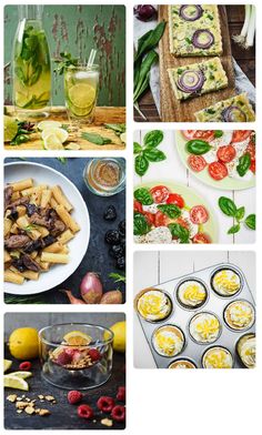 several different pictures with food and drinks on the top one has lemons, olives, tomatoes, spinach leaves, bread