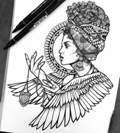 a drawing of a woman with an elaborate headdress