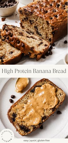 banana bread with chocolate chips and peanut butter on top is shown in two different pictures