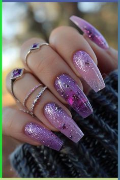 Get them for your best friend, your enemy, or yourself. Just get ’em. Purple Nails With Jewels, Simples Nails, Royal Purple Nails, Purple Galaxy Nails, Purple Prom Nails, Fairytale Nails, Ethereal Nails, Shimmery Nails