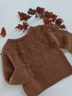 a brown sweater is laying on the floor with leaves scattered around it and one piece of clothing has been cut off