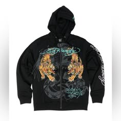 Ed Hardy Crawling Tigers Mens Zip Up Hoodie Color: Black Style # (Ehm1301-44) 57% Cotton, 43% Polyester Made In Pakistan Ed Hardy Sweater, Ed Hardy Zip Up, Hoodies With Patches, Ed Hardy Jacket, Unique Hoodies Design, Graphic Hoodies Street Style, Drippy Clothes, Custom Zip Up Hoodie, Ed Hardy Hoodie