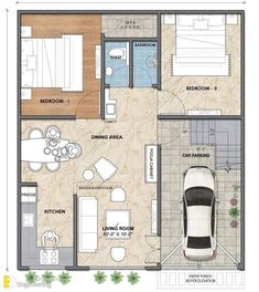 an apartment floor plan with two cars parked in the garage and one bedroom on the first floor