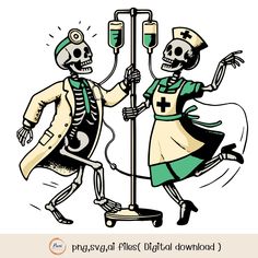 two skeletons in costumes are performing an acrobatic dance with a patient on a scooter